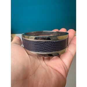Talbots Navy Blue Snakeskin Silver Tone Hinged Magnetic Bangle Bracelet 6.5 Inch